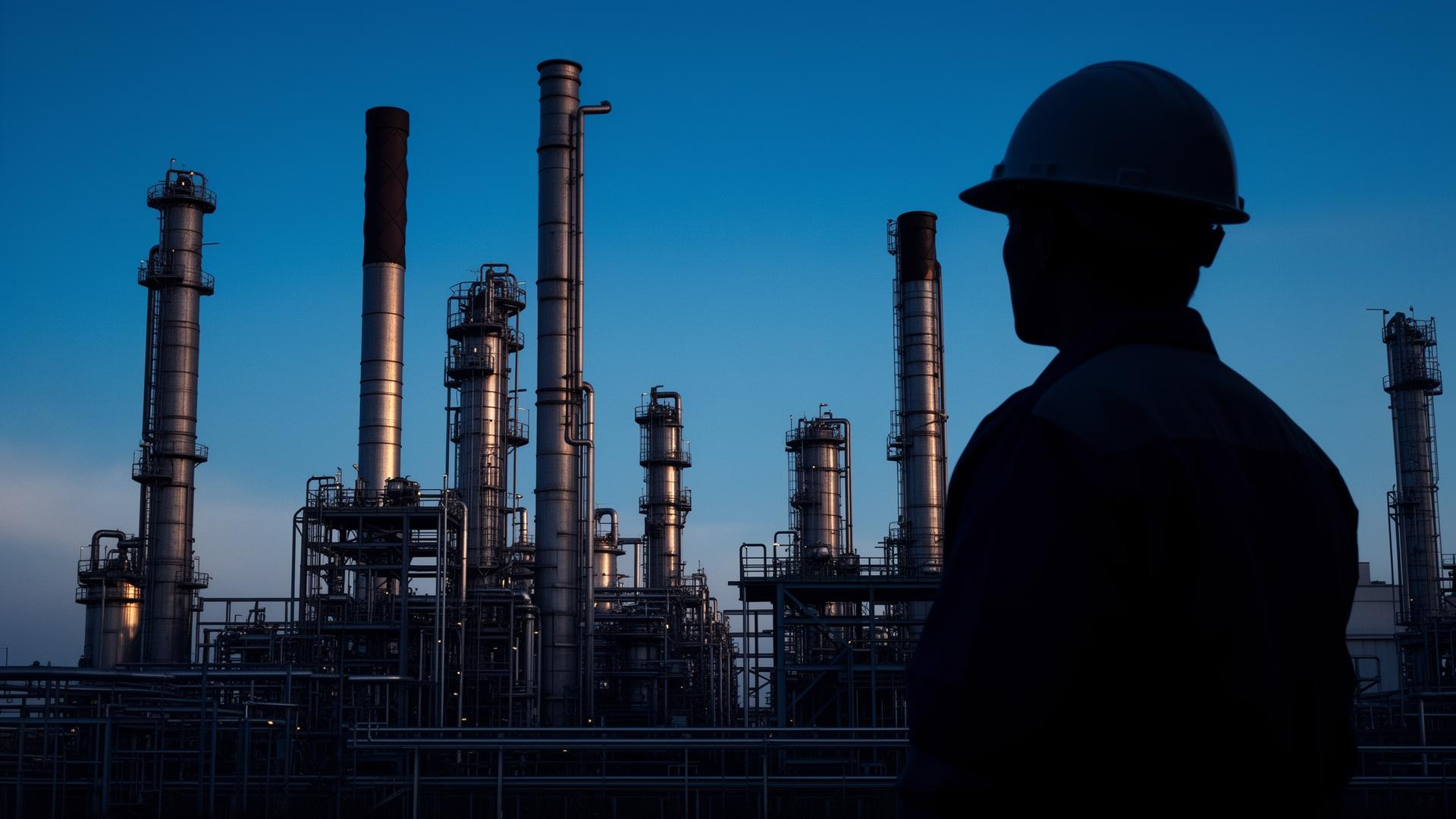 Refinaria industrial ao entardecer com engenheiro observando
